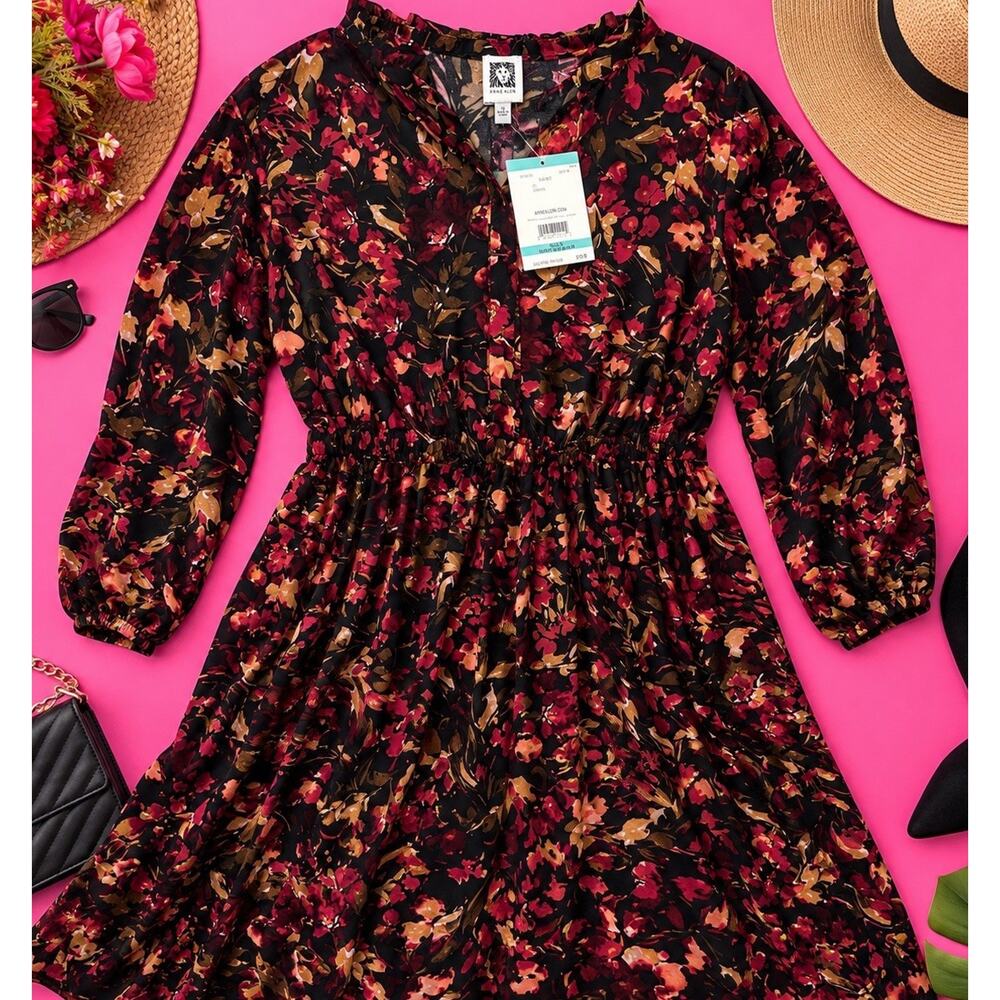 Anne Klein Floral Midi Dress Women’s Size 16 Black Multi Long Sleeve NWT $169 - Picture 2 of 5